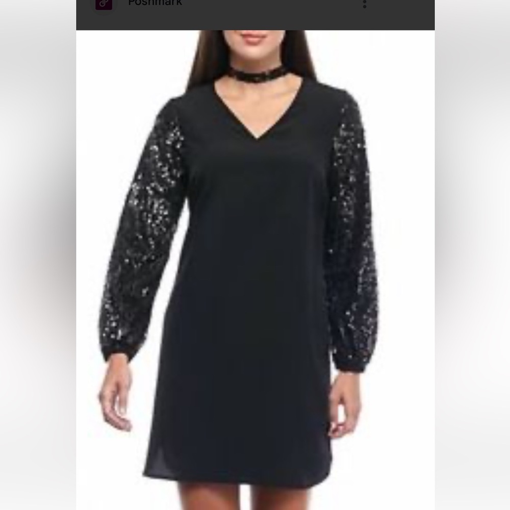 Kaari Blue Black shift Dress with Sequin Sleeves